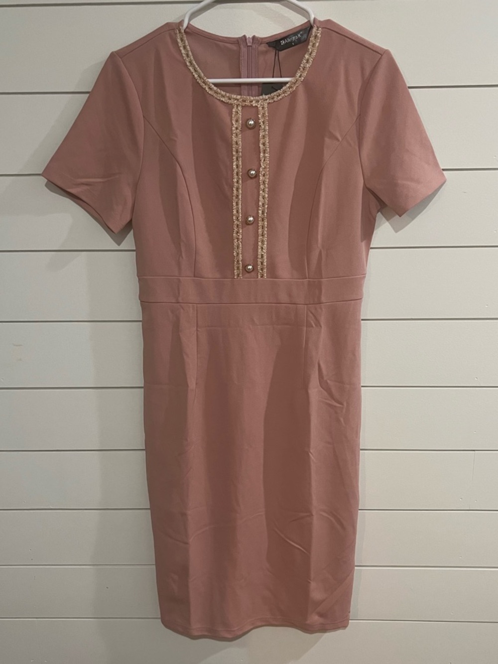 Allegra K Dusty Rose Midi Sheath Dress with Pearl-Trim